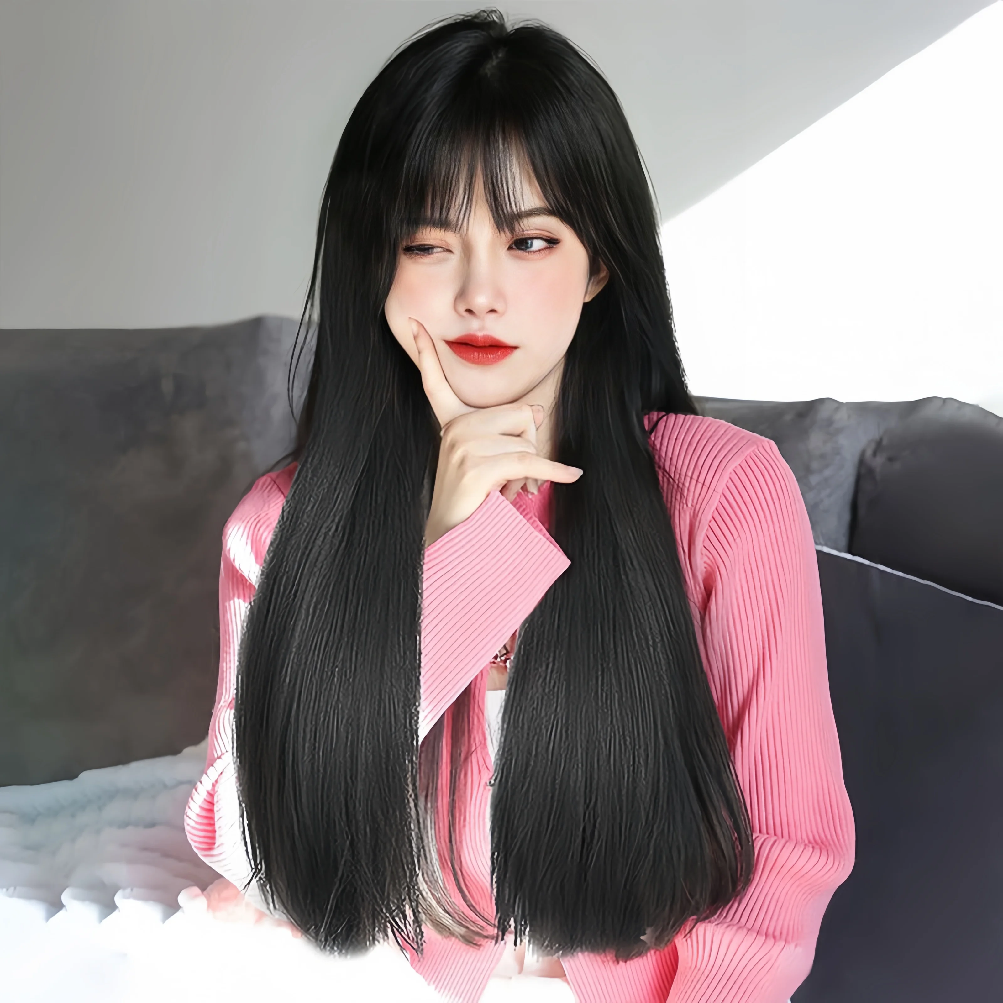 Модный женский длинный прямой парик из синтетического волокна Parik с воздушной