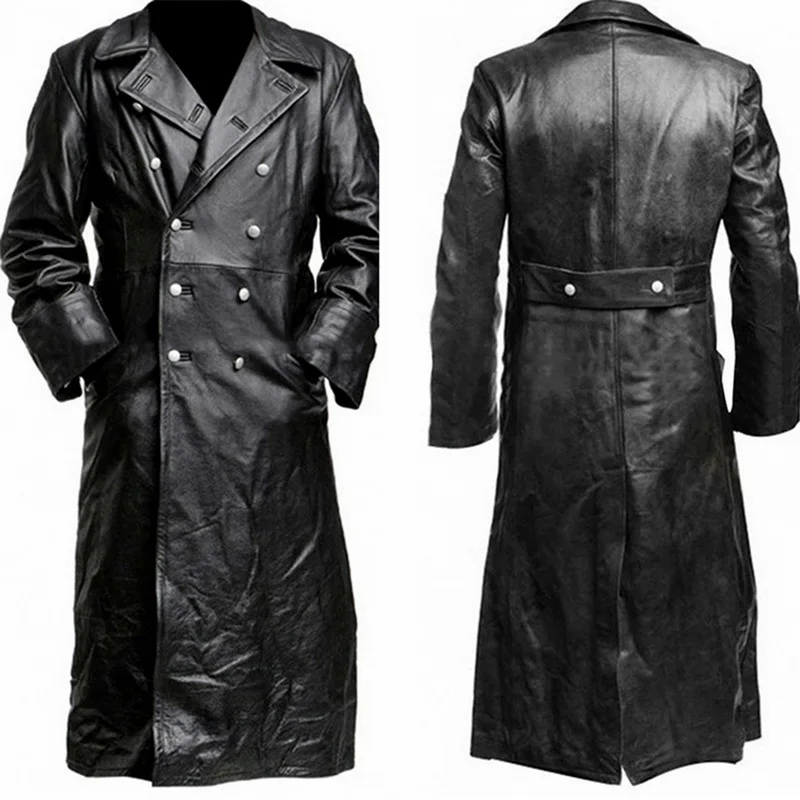 

Vintage PU Leather Jacket Man Top Quality Winter Buttons Long Trench Men's Business Outerwear Fashion Premium Officer Coat Black