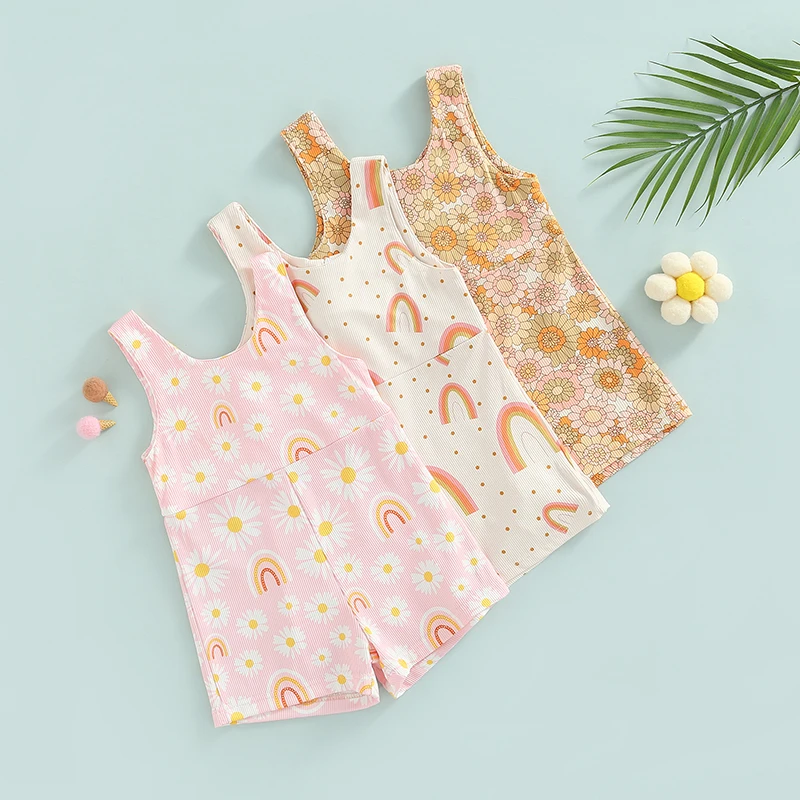 

Infant Girl Sleeveless Romper with Flower Rainbow Pattern Casual Style Loose Summer Jumpsuit for Toddler 6-36Months
