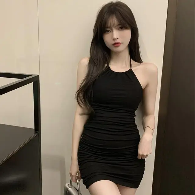 

2023 New Women Summer Elegant Party Vestidos Pleated Bodycon High Waist Dress Korea version of sexy commuting Sleeveless Dresses