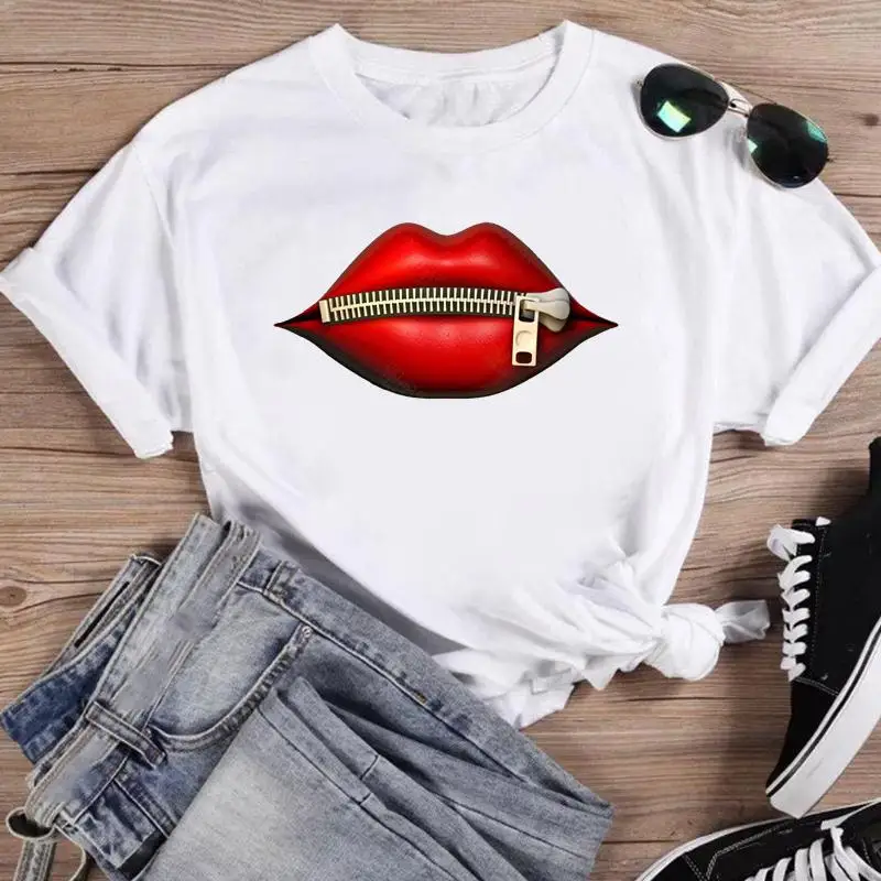 

Women Print T Shirt Female funny lip sweet spring Graphic Top Short Sleeve Fashion Summer Tshirts casual Cartoon Tee T-Shirt