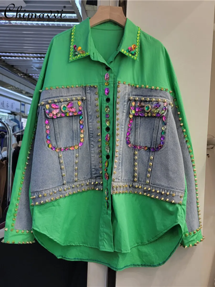European Station Tops Spring New Fashion Handmade Beaded Shirts Loose Fashion Stitching Denim Streetwear Green Blouse for Women