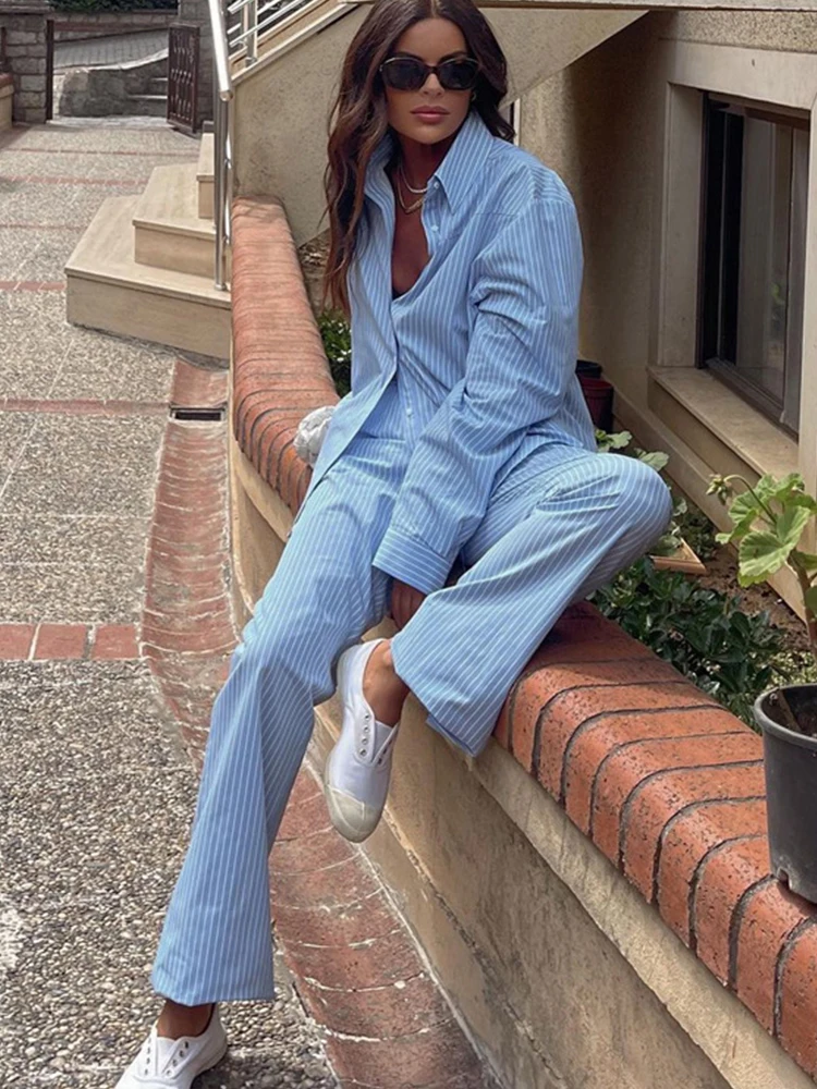 Женский Брючный комплект Aynaray из двух предметов в полоску голубая рубашка