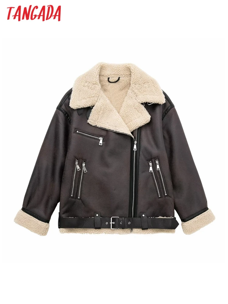 

Tangada Women Fur Faux Leather Coat Zipper Turn Down Collar Zipper 2022 Winter Thick Warm Oversized Coat 3H307