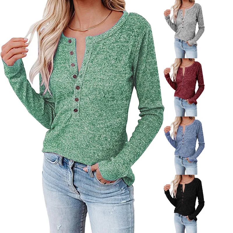 

Women's 2022 autumn and winter new solid color round neck button long-sleeved T-shirt casual top women