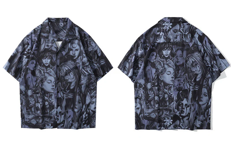 

Пляжная Гавайская мультяшная японская рубашка с пуговицами для девушек, уличная одежда, мужские рубашки в стиле хип-хоп с тропическим принтом и коротким рукавом