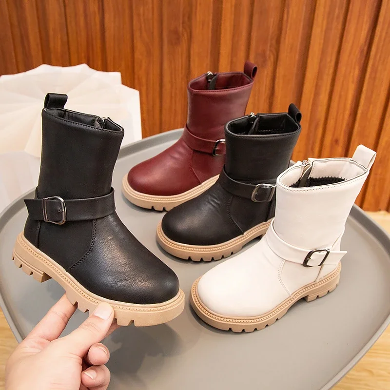 Girls Mid-calf Boots Solid Color Buckle Cool Side Zipper Kids Shoes Fashion Non-slip Princess Britain Style Children 2024