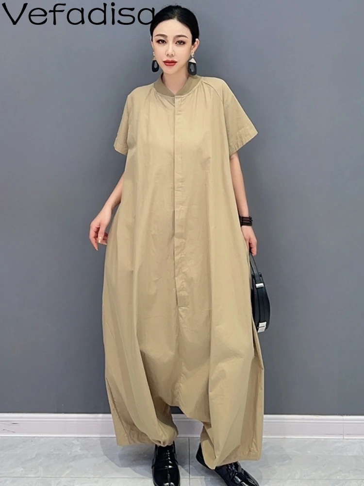 

Vefadisa 2023 New Women Casual Short Sleeved Cute Solid Color Jumpsuit Fashion Girl Loose Black Print Khaki Jumpsuit ZY1819