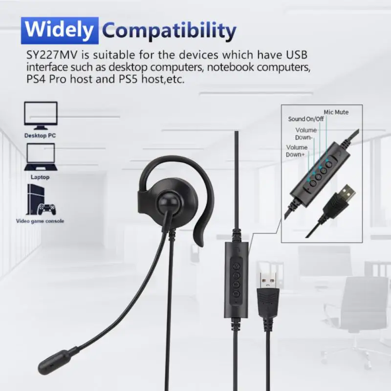 

Soyto SY227 Unilateral Earloop Business Earphones 130 ° Adjustable Microphone Wired Earphones For Desktop/laptop/PS5 Host