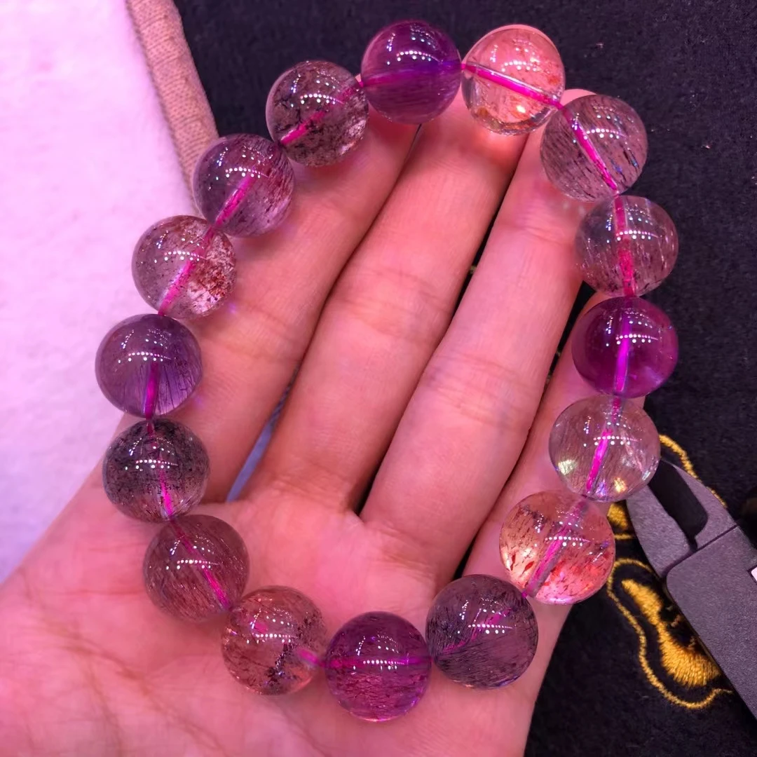 

Браслет из натурального фиолетового кварца Super Seven 7 Lepidocrocite 13 мм рутилированные прозрачные круглые бусины с кристаллами для женщин и мужчин AAAAAAA