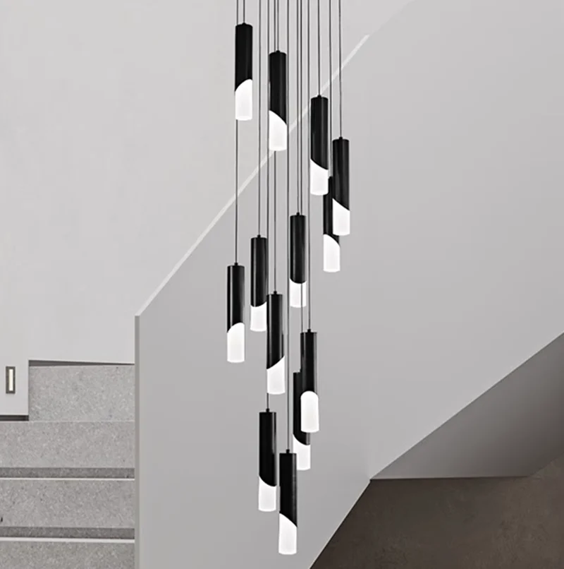 

New Staircase Chandelier Modern and Simple Atmosphere Black/Gold LED Lighting Duplex Penthouse Living Room Hanging Luminaires