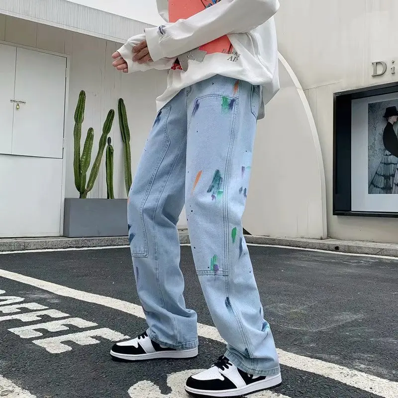 

2022 New Fashion Ink Splash Hip Hop Men Wide Jeans Pants High Street Straight Baggy Women Casual Denim Trousers Pantalon Homme