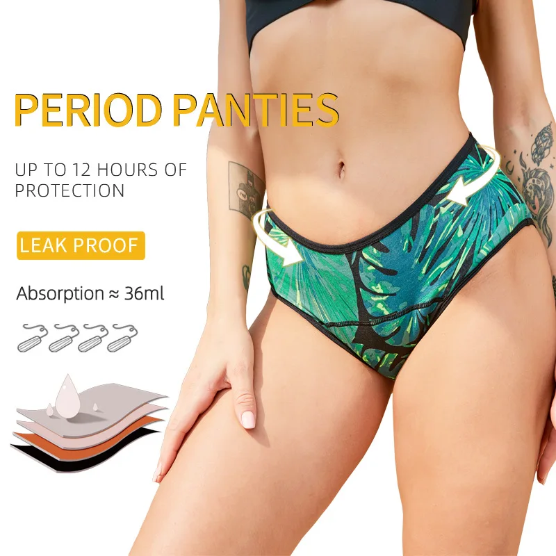 

OEM ODM TEEN Reusable Menstrual Panties Green Leaf Print Waterproof Organic Panties High Rise Leak-Proof Women Period Bulk 4XL