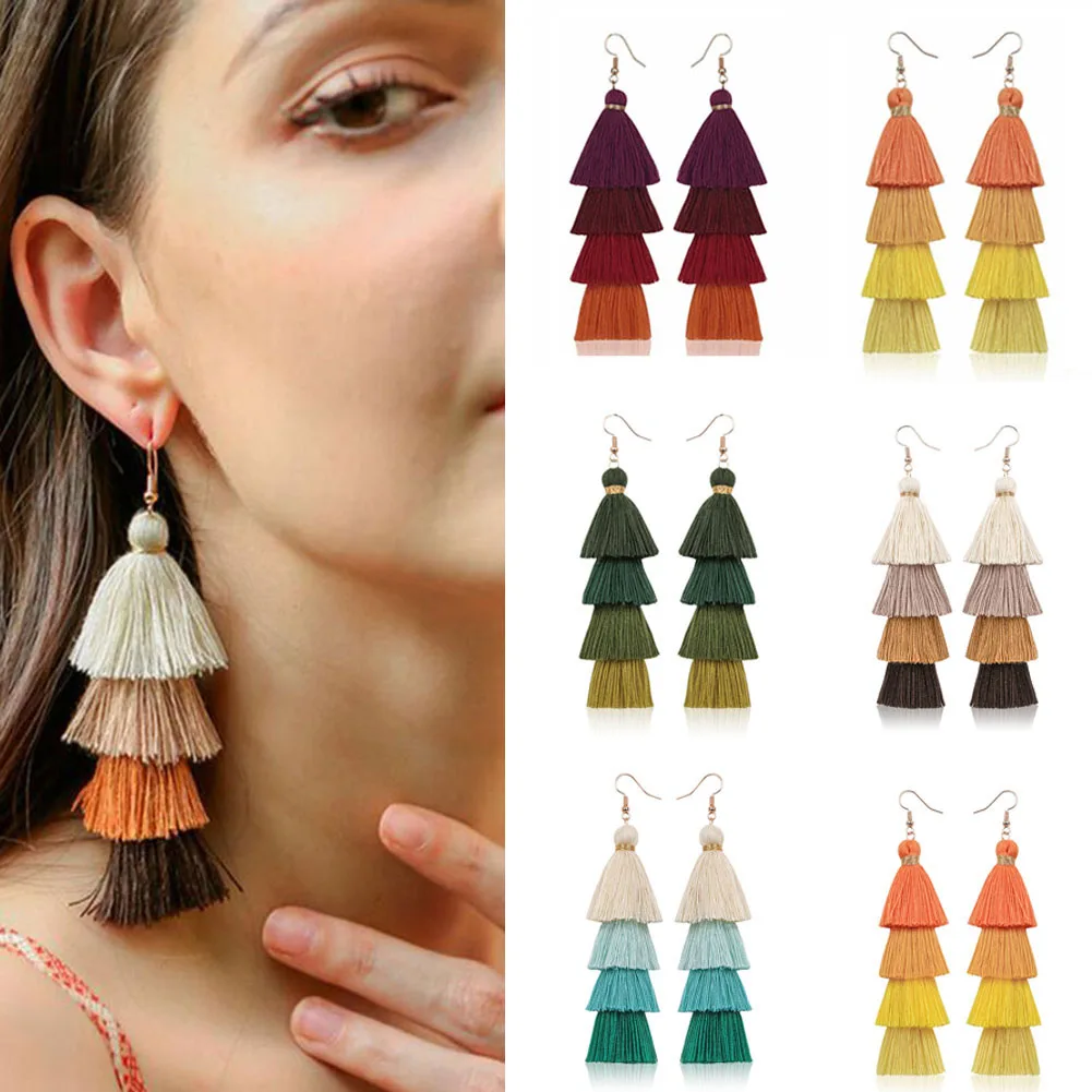 

Bohemian 4 Layered Tassel Earrings For Women Ethnic Long Fringe Multi Color Statement Dangle Earring Girls Fashion Jewelry Gift