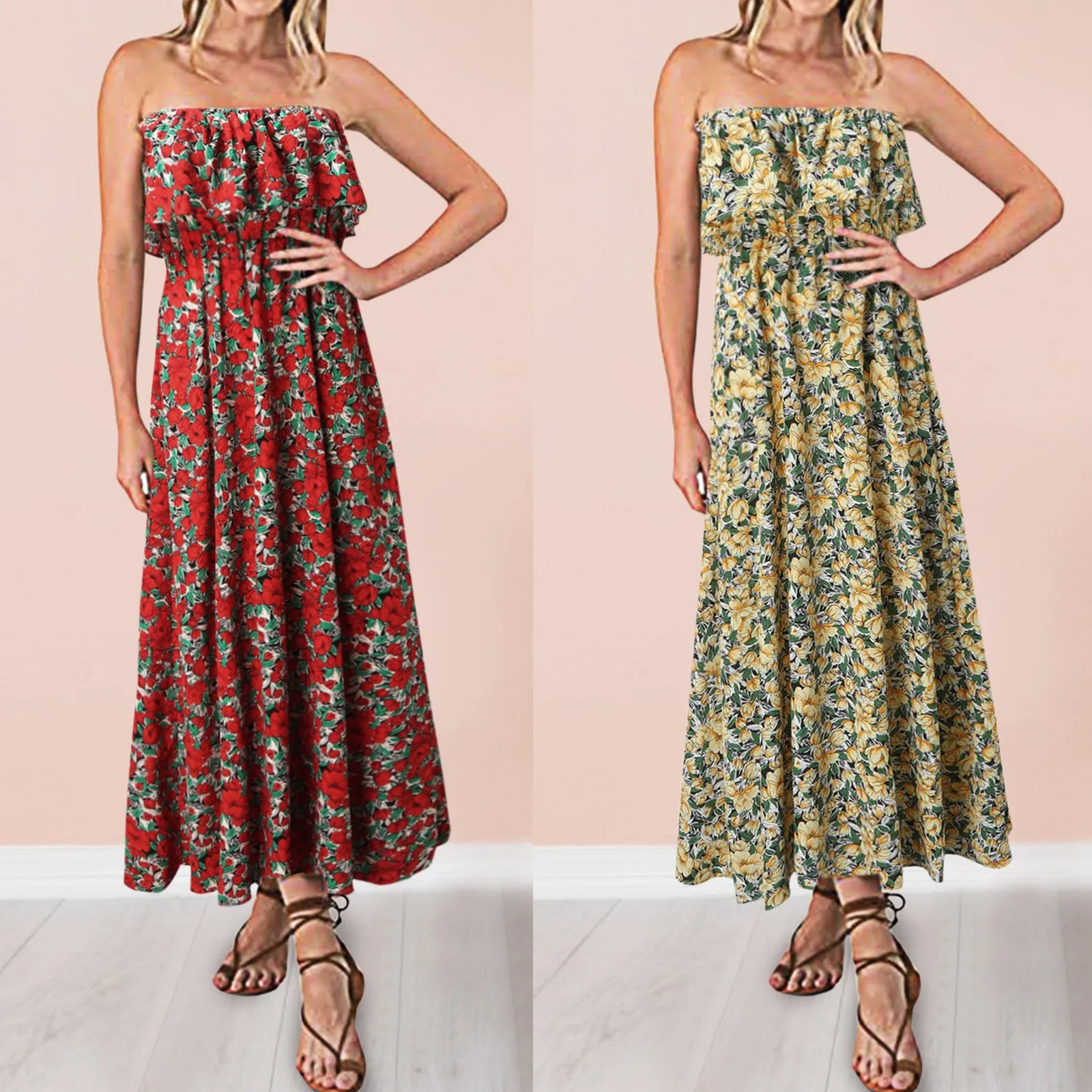 

Womens Casual Floral Prints Ruffle Hem Strapless Bohemian Dress