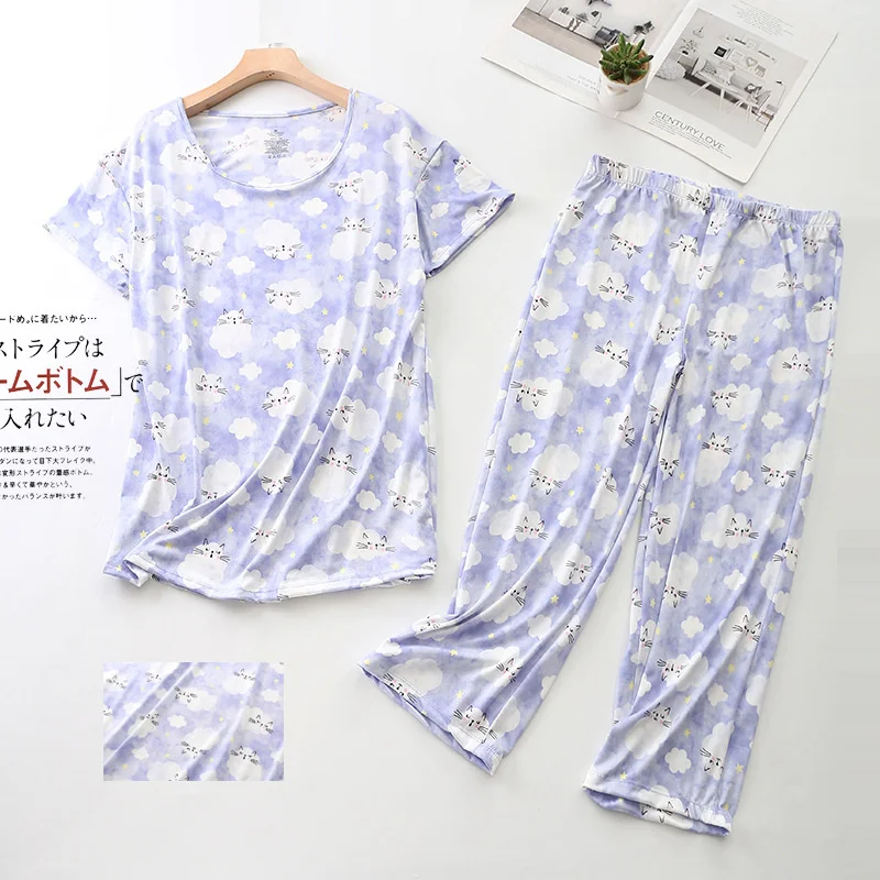 Cotton Pajamas Set T-shirt Pants 2Piece/Set Autumn Casual Elastic Pyjama Big Size Mom Cartoon Homewear Cozy Plus Sleepwear