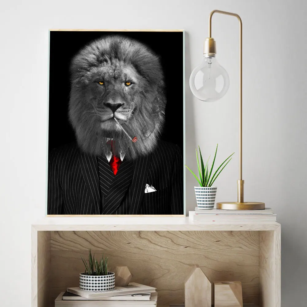 

Fashion Lion Smoking a Cigar Inspired Canvas Prints Animal in a Suit Picture For Room Decoration Wall Art Painting Poster Gift