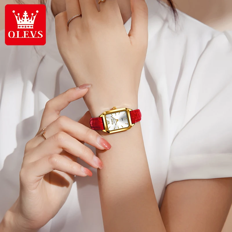OLEVS Trend Fashion Quartz Women Watch 2023 New Luxury Gold Plated Case Square Dial Design Womens Watch Waterproof Leather Strap