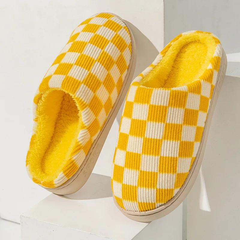 Novelty Plush Slippers for Women Home Checkered Fluffy Winter Warm Women Slippers Indoor Winter Plush Comfortable Slippers