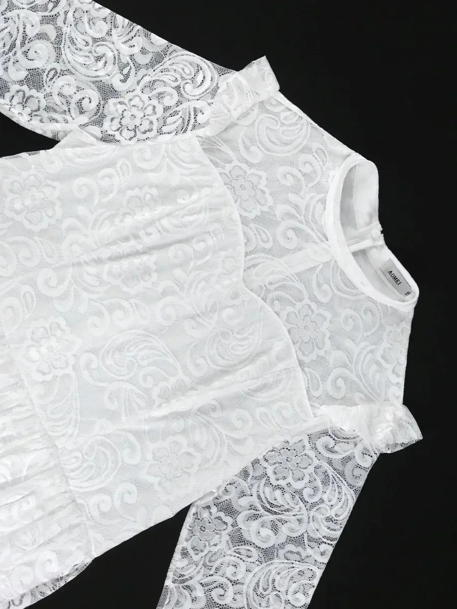 Осеннее белое кружевное платье в стиле ретро с принтом Прозрачное ложным