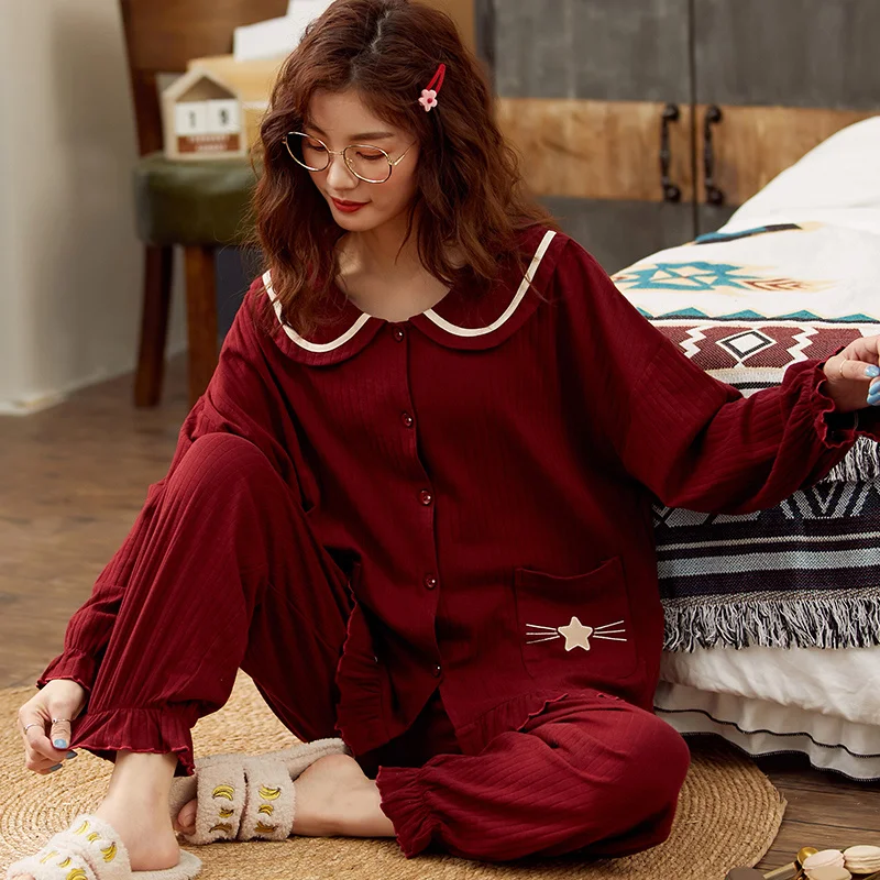 Womens Cotton Pajama Set Two-piece Home Suit Long-sleeved Long Pants Pajamas Autumn Spring Elastic Comfy Cardigan Suit Plus Size