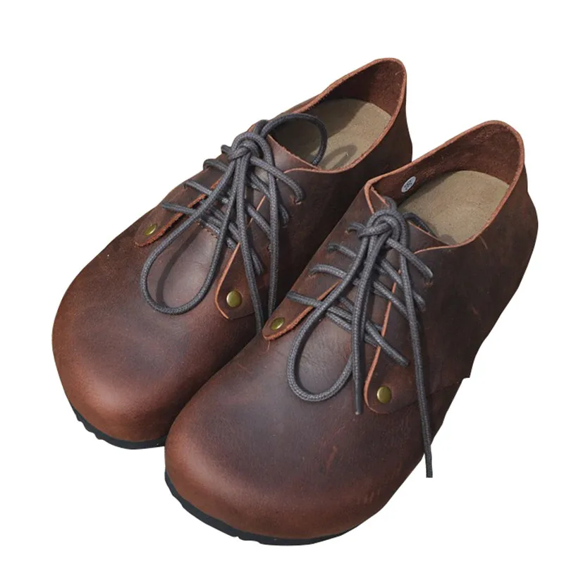 Careaymade-Genuine Leather women's single shoes cork low top shoes Crazy Horse Cowhide retro big head flat shoes big size 35-45