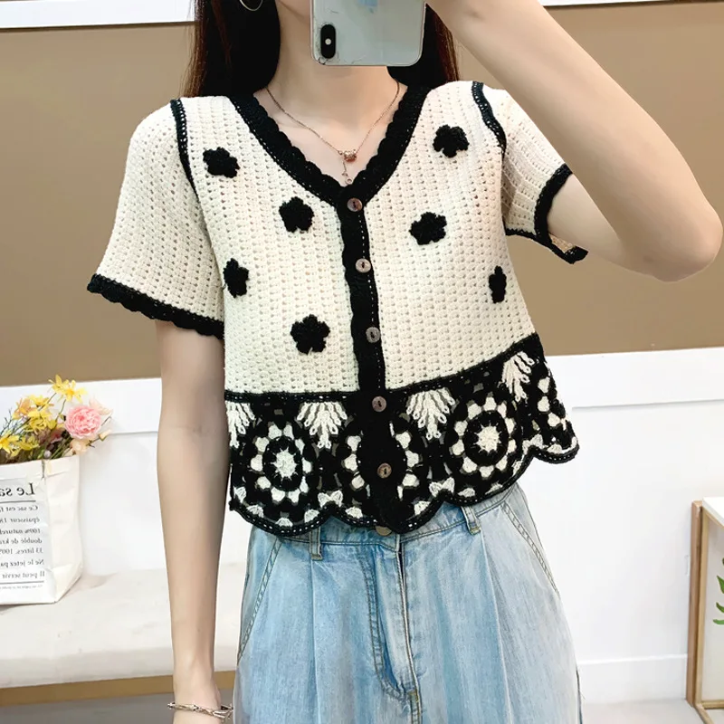 Women's Crocheted Short Knitted Cardigan New Korean Style Short Sleeve V-neck Top for Spring and Summer 2023