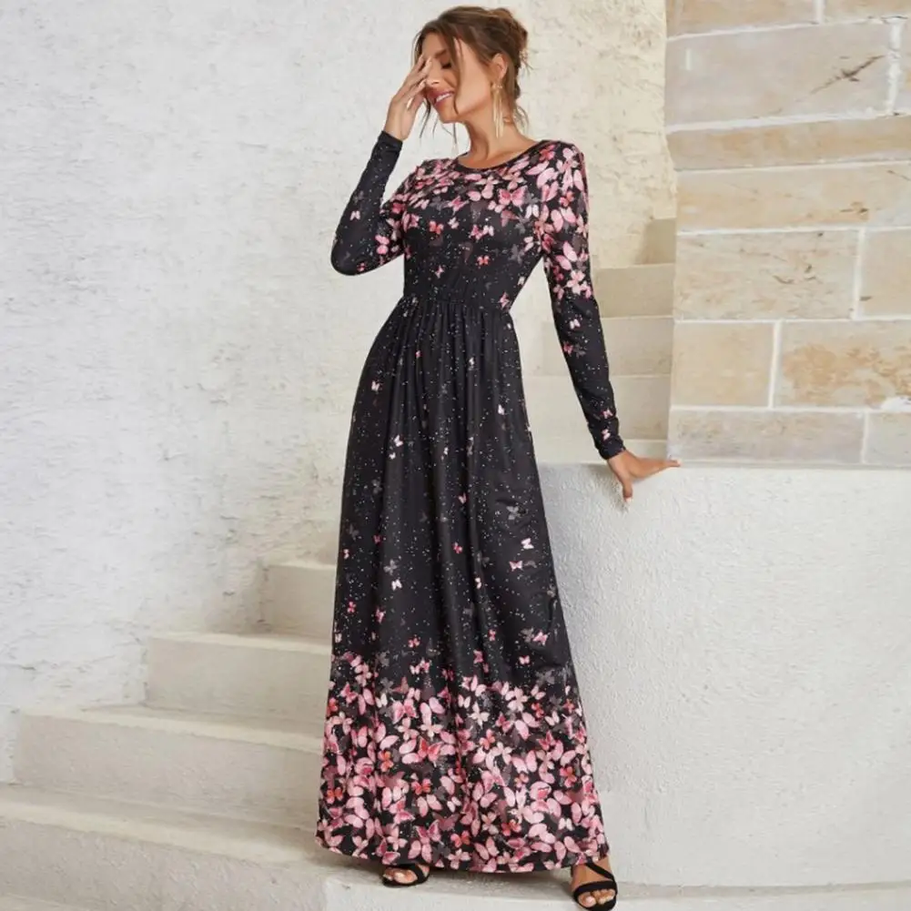 

Stylish Party Dress Long Sleeves Warm Casual Dress Elegant Autumn Winter Floral Print High Waist A-Line Maxi Dress