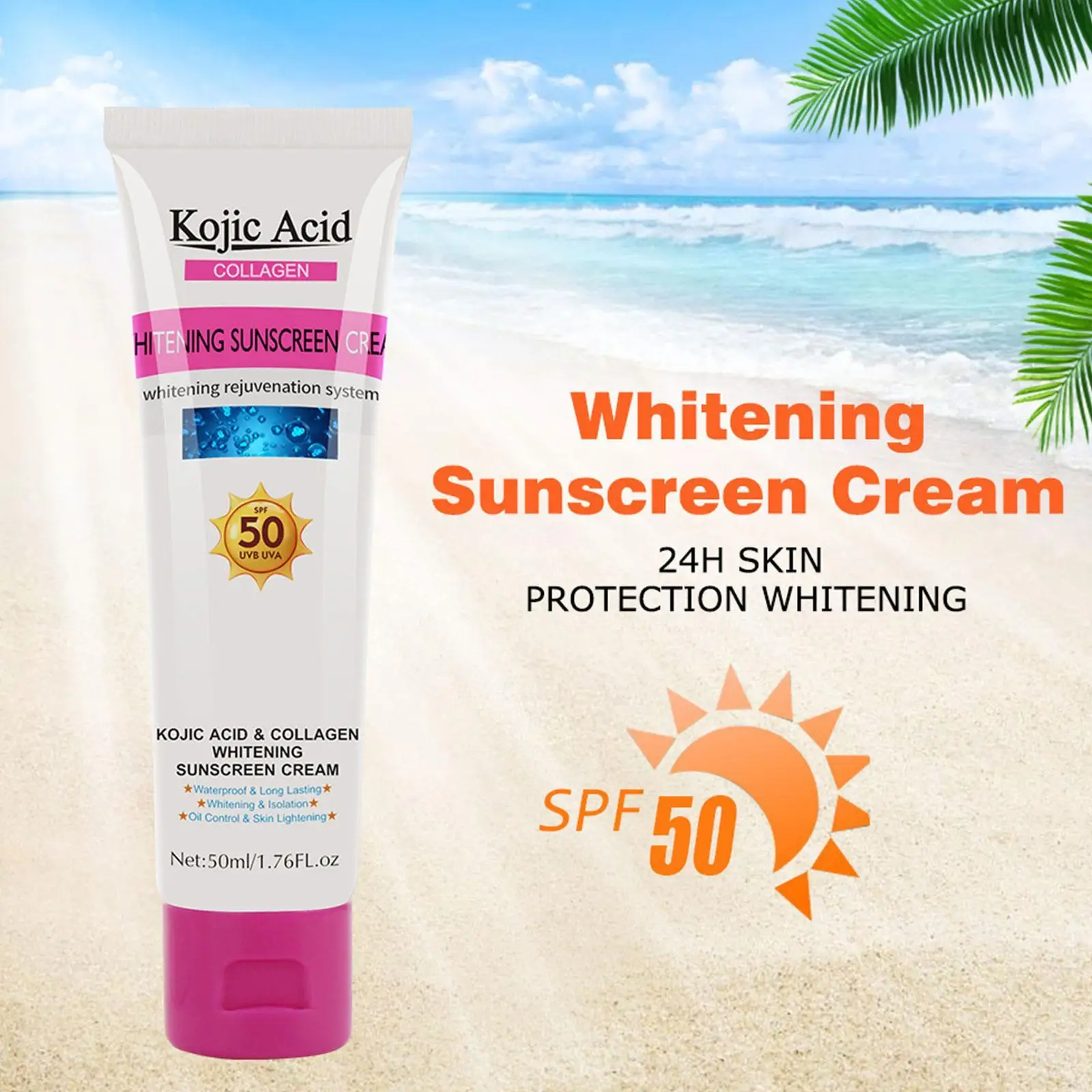 

50ml Kojic Acid Collagen Sunscreen Cream Whitening Concealer Isolation UV Moisturizing Skin Care Waterproof Long Lasting SPF50