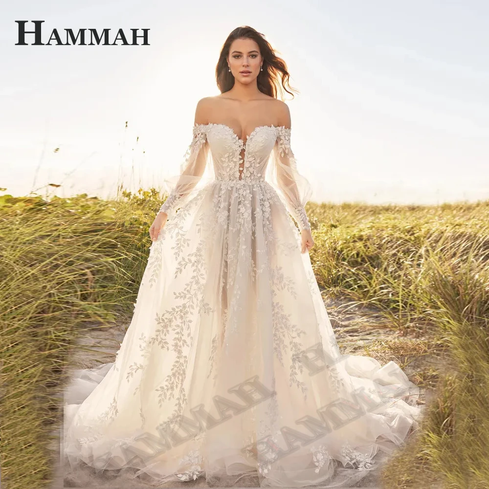 

HAMMAH Vintage Long Sleeves Wedding Dresses Luxury A Line Illusion With Button Fancy Appliques Tulle Court Train Made To Order