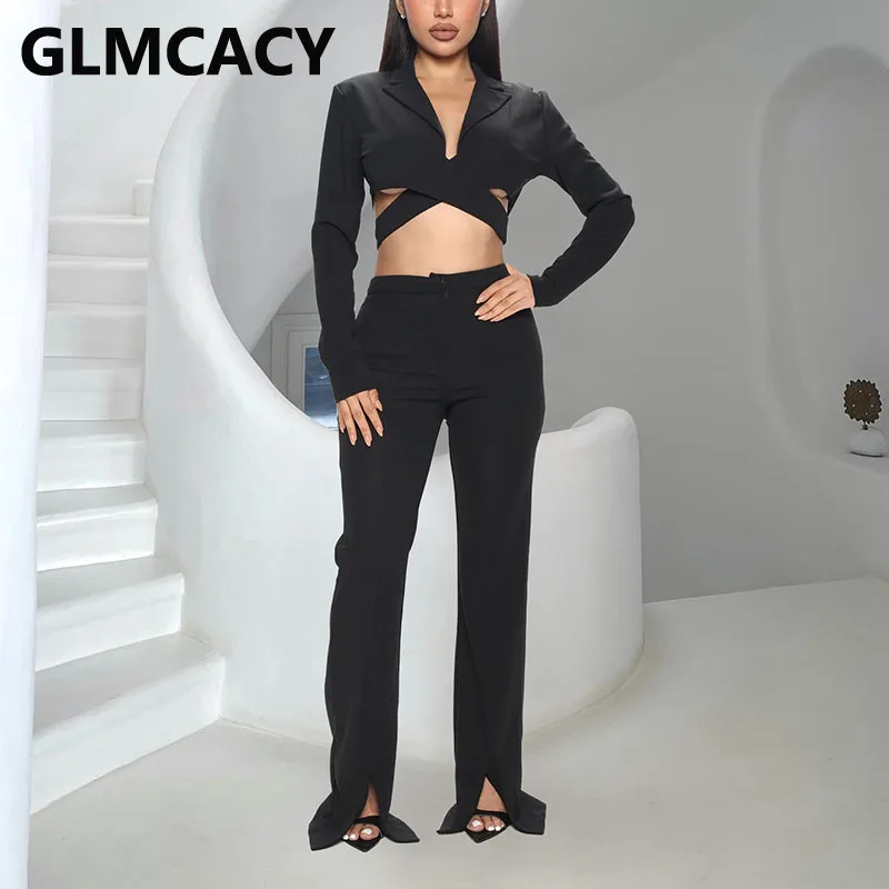 

Women Two Piece Chic Blazer Set Long Sleeve Notched Lapel Crop Top Jacket & Slit Long Pants Set