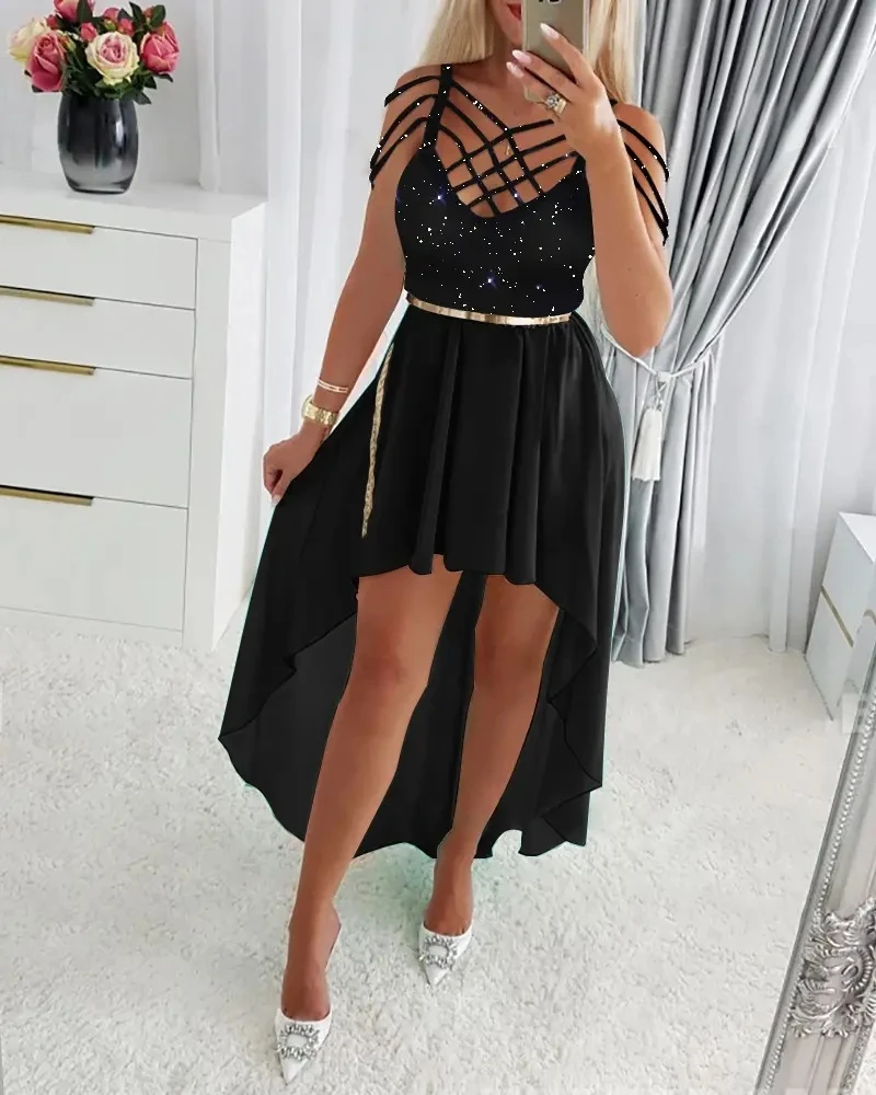 

Crisscross Design High Low Hem Glitter Party Dress