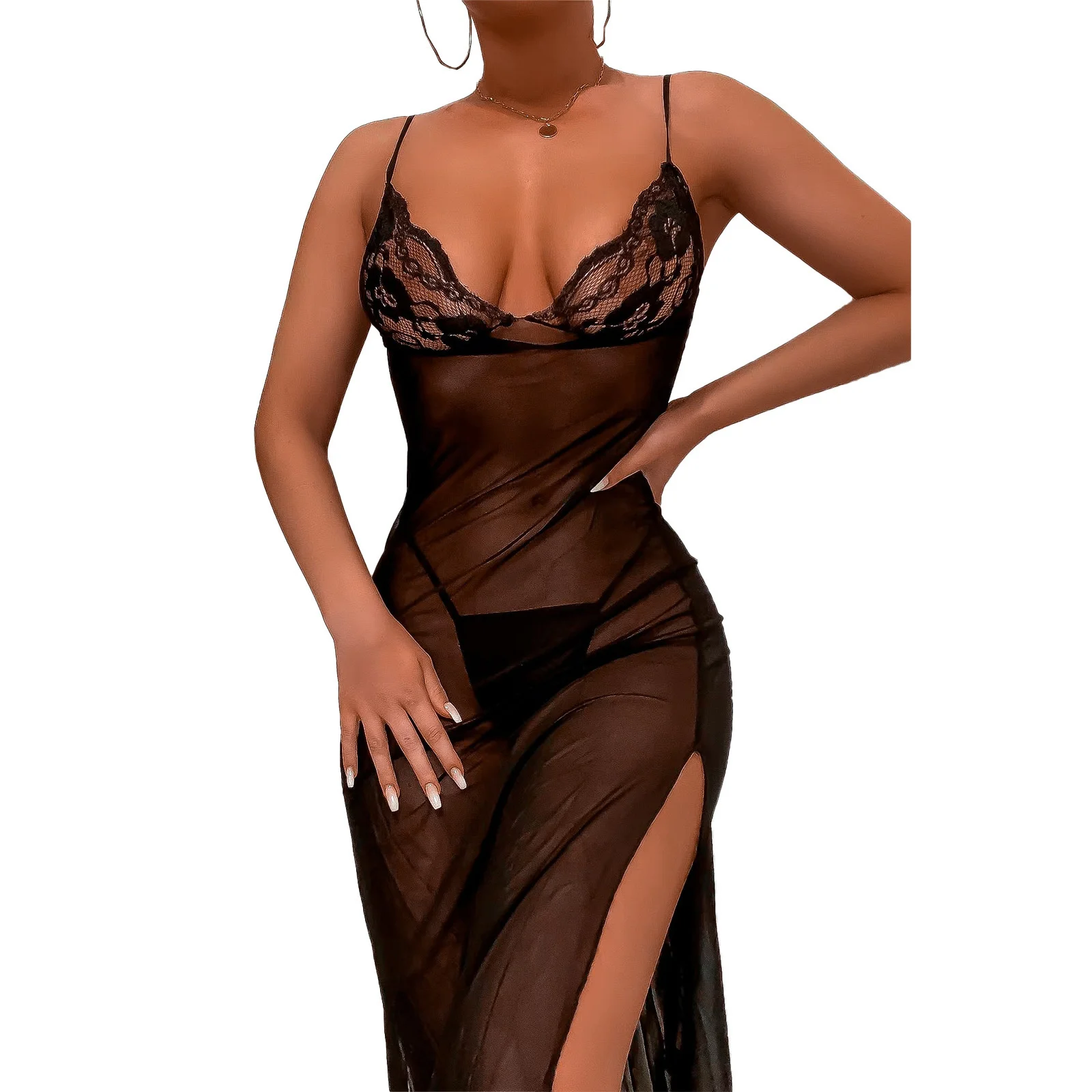 

Черное Кружевное Платье Zoctuo, длинное женское базовое сексуальное платье на бретельках с открытой спиной, одежда, прозрачный наряд