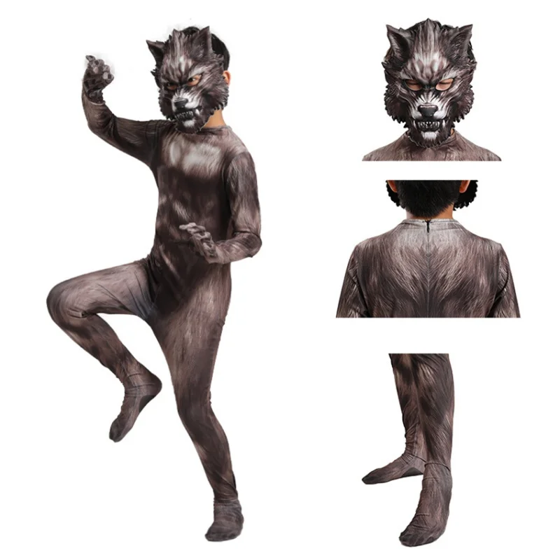 Werewolf Cosplay Anime Scary Fursuit Halloween Costumes for Kids Zentai Monster Wolf Mask Head Jumpsuits Disguise Child Dress