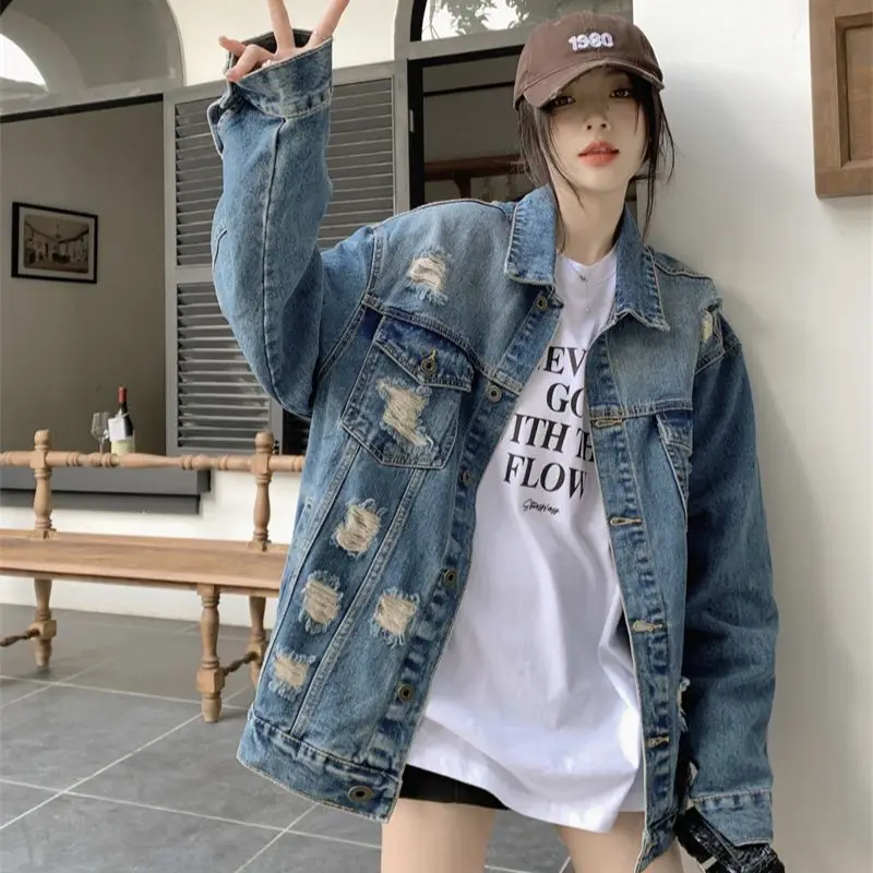 

2023 New Spring Denim Coat Women Large Fat M Shows Thin Silhouette Blue Hole Loose Jacket Free Shipping