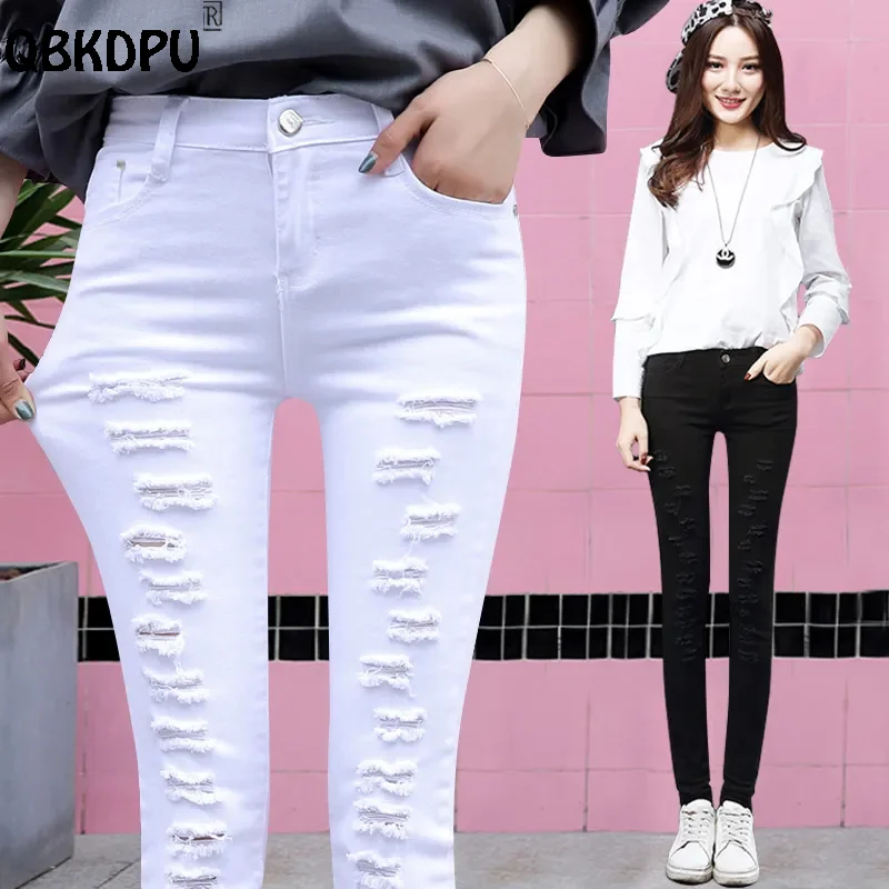

Streetwear White/Black Ripped Jeans Women Summer Ankle Skinny Rock Design Denim Pants Korean Slim High Waist Vaqueros Mujer