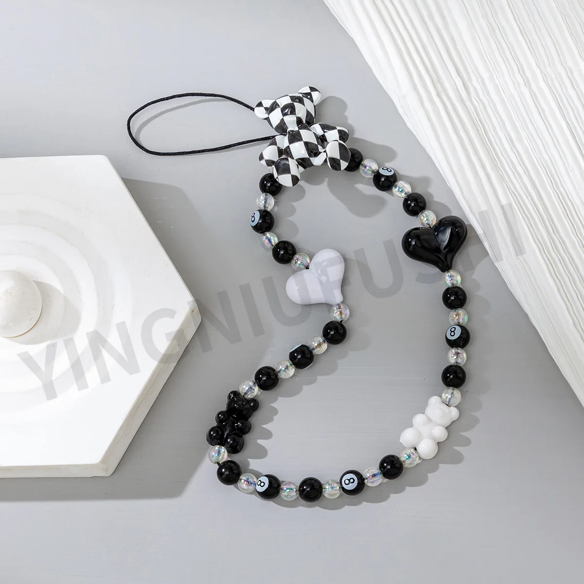 Black and White Acrylic Mobile Phone Chain Ladies Mobile Phone Lanyard Pendant Key Strap Wholesale