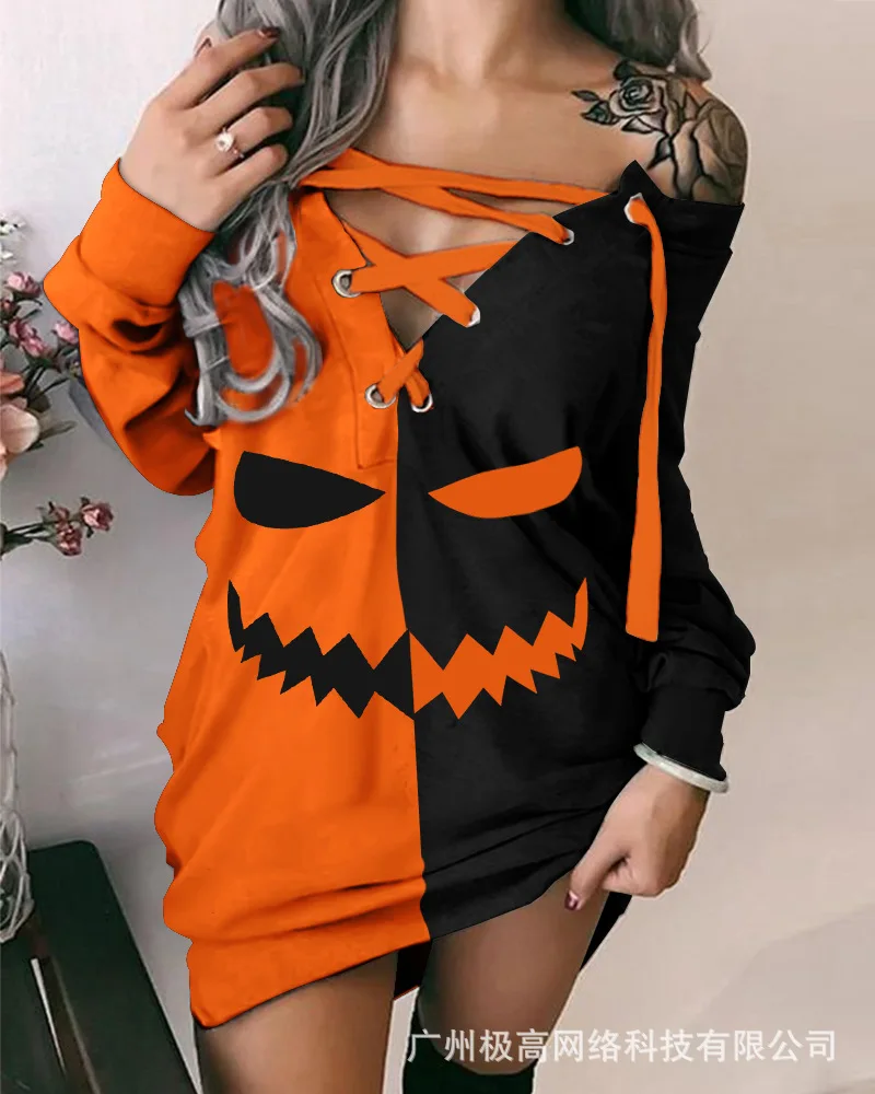 

Women's 2022 New Casual Mini Dress Halloween Print Collision Color Strapping Bodysuit Dress