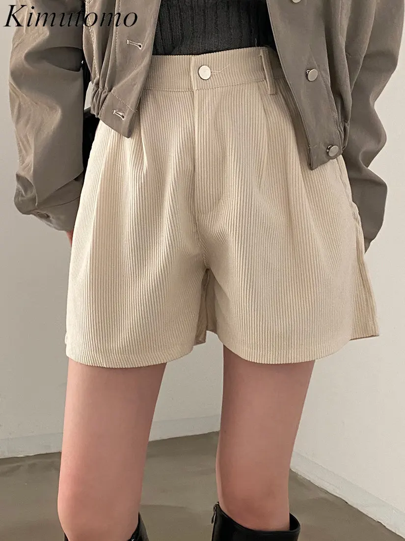 

Элегантные свободные однотонные вельветовые шорты Kimutomo, женские винтажные универсальные брюки А-силуэта с высокой эластичной талией, скла...