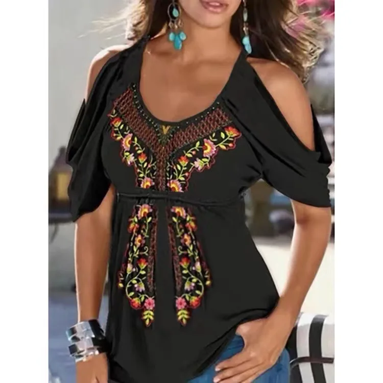 

Women Summer Short Sleeve T Shirt Ethnic Printed Loose Top Off-the-shoulder Loose Tees Vintage Casual Oversize Shirts Plus Size