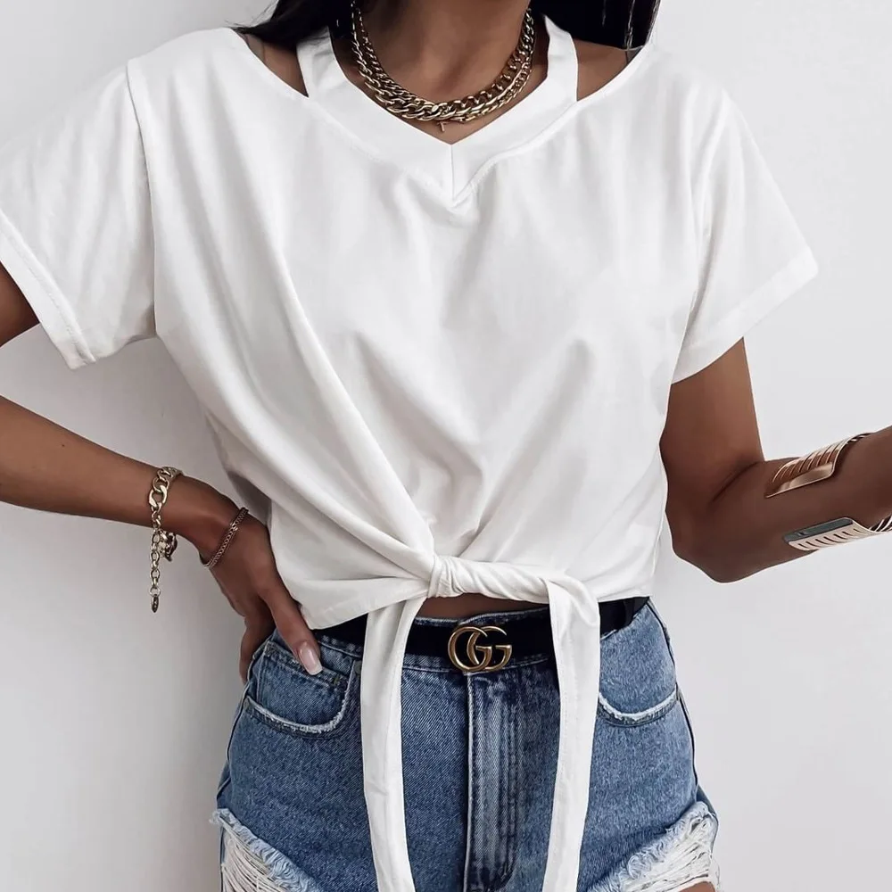 

2021 New Summer Lace Fashion Personality Round Neck Waist Bandage Pure Color Short Top Short Sleeve T-Shirt Women's Clothing