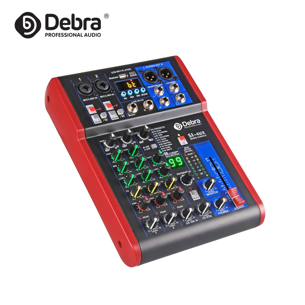

Debra Audio 4Channel 99DSP reverb effec mixer DJ console with BT5.0 MP3 48V phantom power supply for stage PC recording karaoke