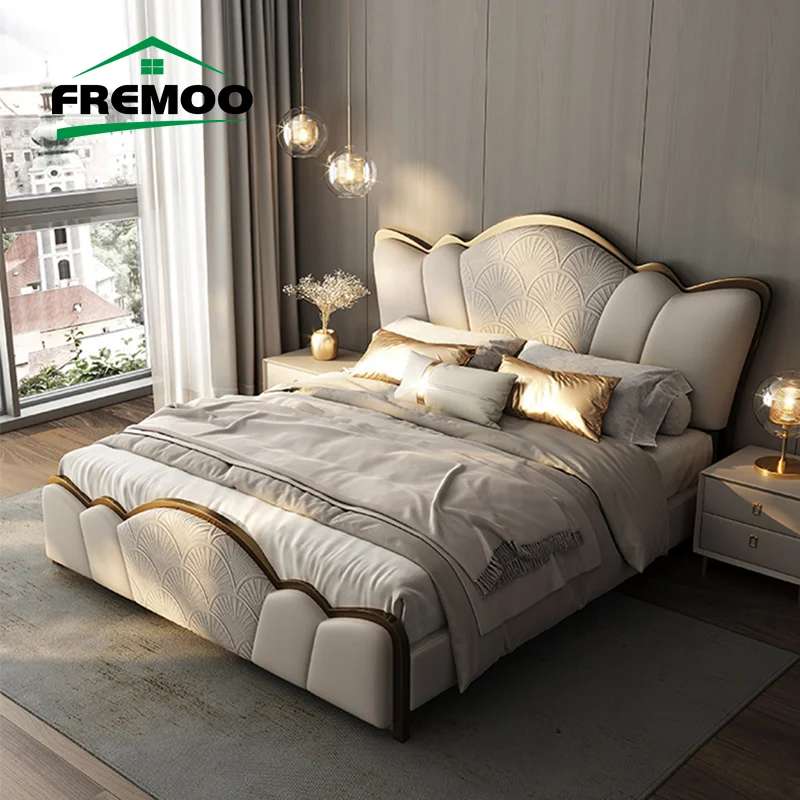 Solid Bed Frame Luxury Modern Leather Home Furniture Bedroom Set Design King Size Bed Soft Headboard Lit 2 Personnes Apartment