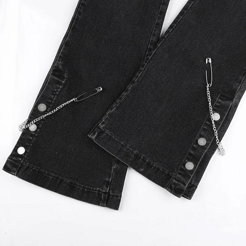 Metal Chain Streetwear Straight Leg Jeans Pants for Women Ladies Casual Black Loose Fit Denim Trousers Fashion Button Split