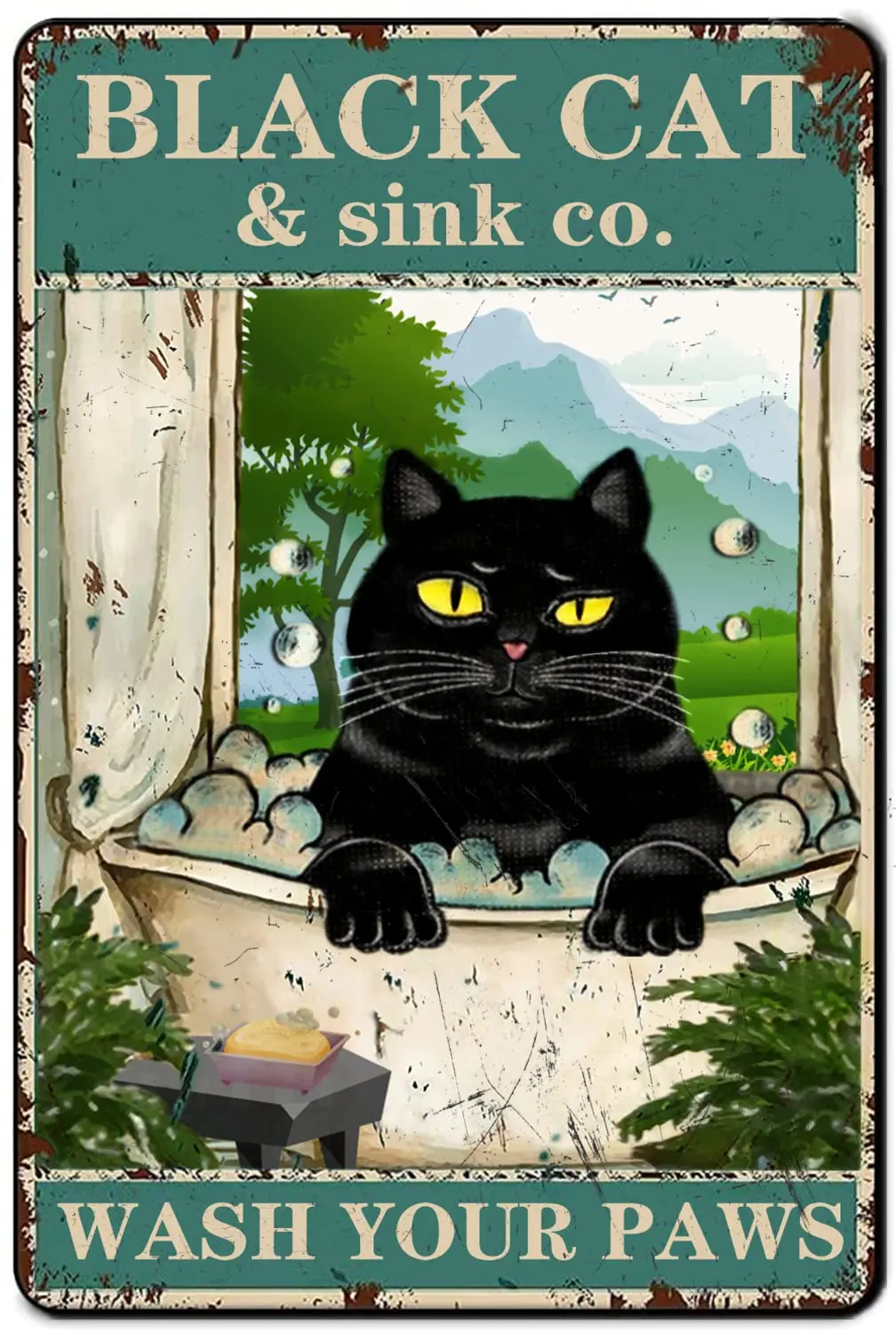 

Funny Bathroom Metal Tin Sign Vintage Black Cat Art Wall Decor Quote Wash Your Paws Signs for Farmhouse Home Kitchen