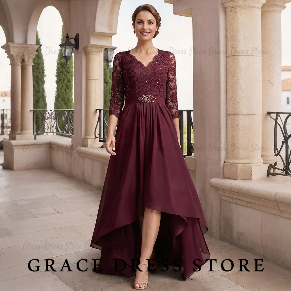 Фото Платье для подружки невесты Grace с V-образным вырезом, кружевное, с рукавами 3/4, асимметричное, из шифона, вечернее платье, на заказ. №1