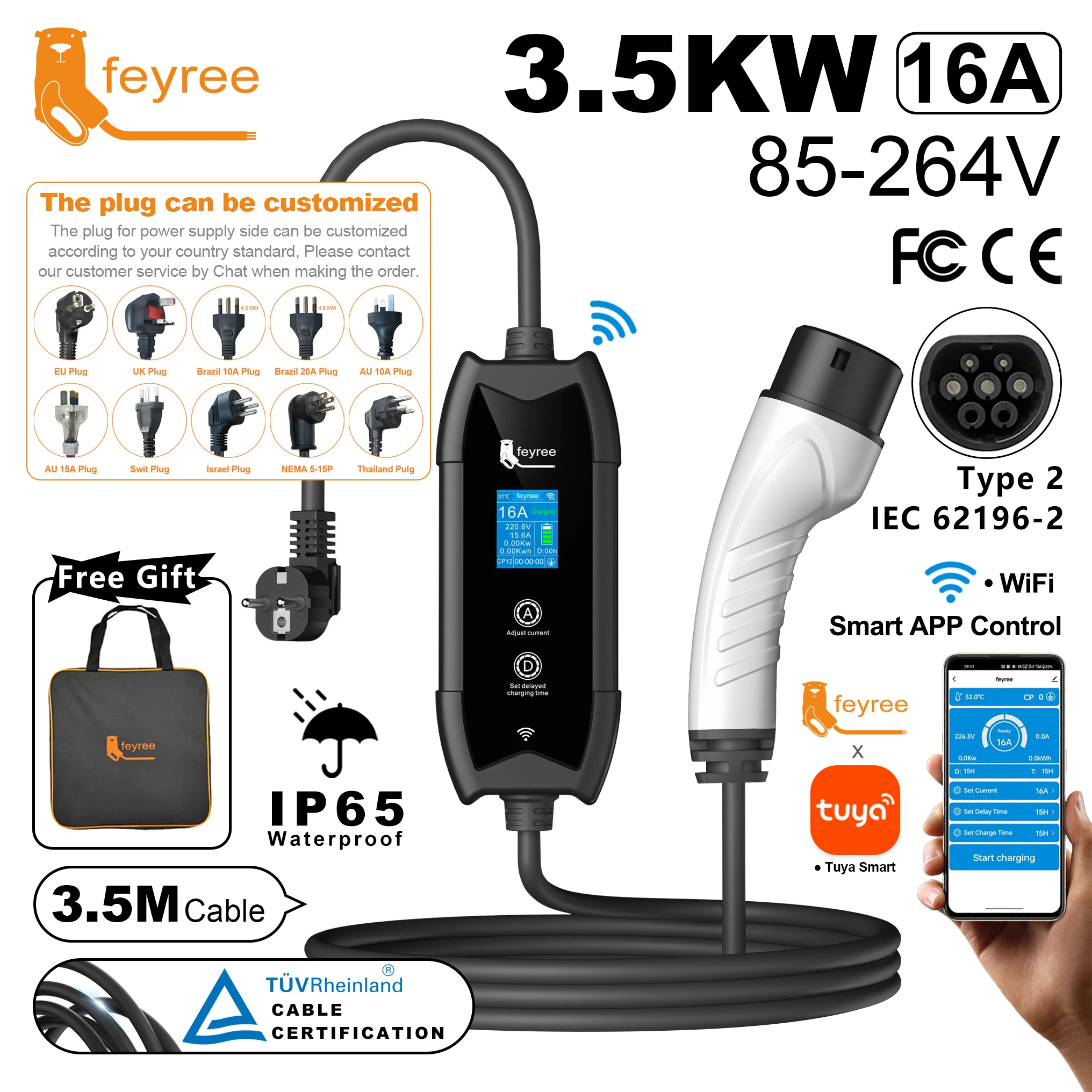 

Портативное зарядное устройство для электромобилей feyree Type2 IEC62196-2 EVSE, быстрая зарядка, кабель 3,5 м, EVSE Wallbox, Wi-Fi, приложение, беспроводное управление Bluetooth