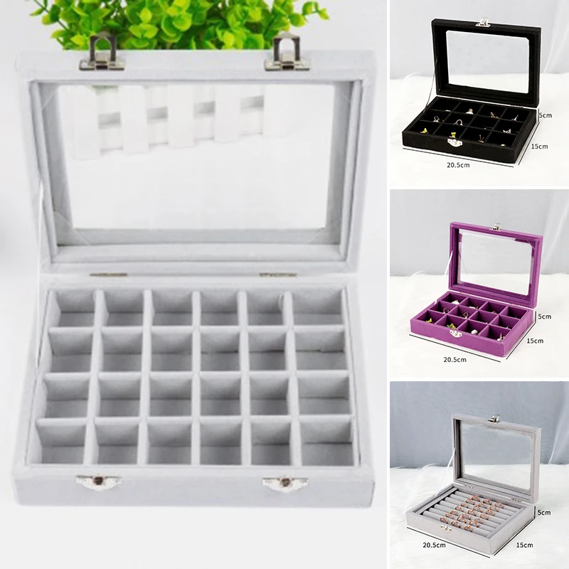 

12/24 Cells Jewelry Wooden Storage Box with Visible Lid Rings Earrings Necklace Holder Case Classified Organizer TS1