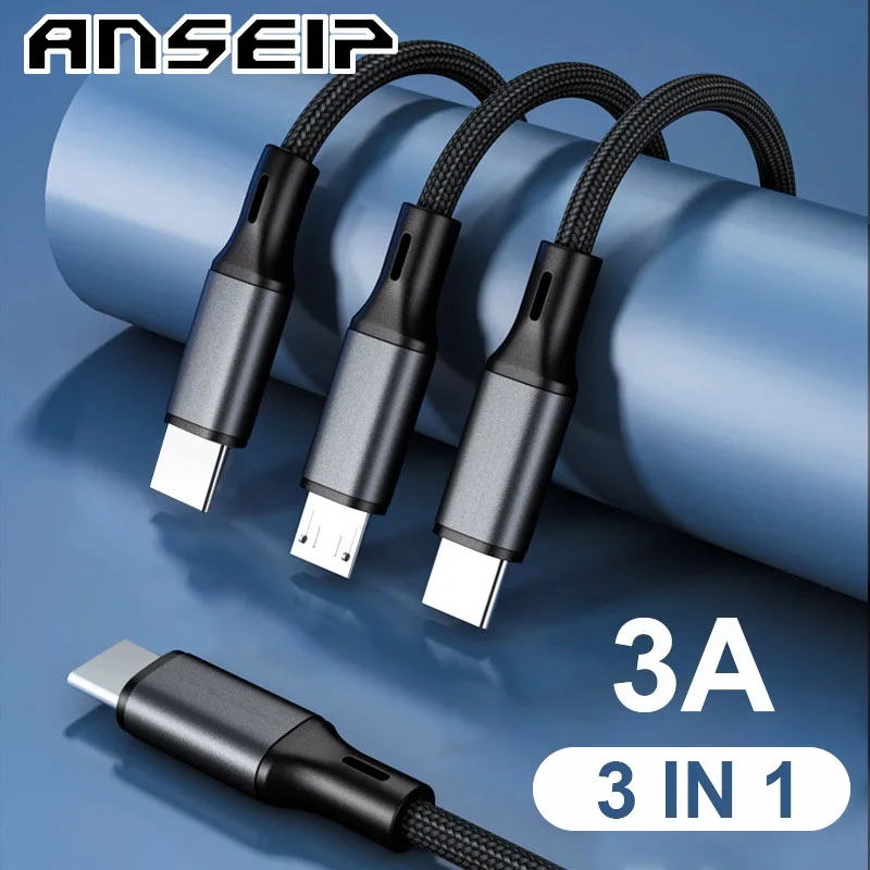 ANSEIP – câble USB 3 en 1 PD Type C 3A  Charge rapide  en nylon  pour iPhone 11 12 13 Xiaomi Redmi