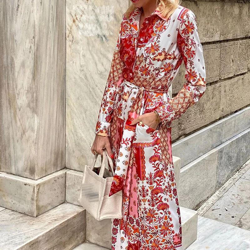 

Vintage Elegant Lapel Single Breasted Shirt Dress 2023 Bohe Graphic Print Lace-up Female Dress Women Pockets Beach Dresses